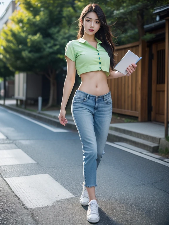 (best quality, Masterpiece, Realistic photos, very detailed, Ultra high resolution, raw:1.3), 1 woman, beautiful, Japan, in university, A young university girl wears a green button-up crop top., Blue Jeans, showing navel, College Student, navel, (canvas shoes, ขาbeautiful, full body), Walking place, holding a book, Dress well 