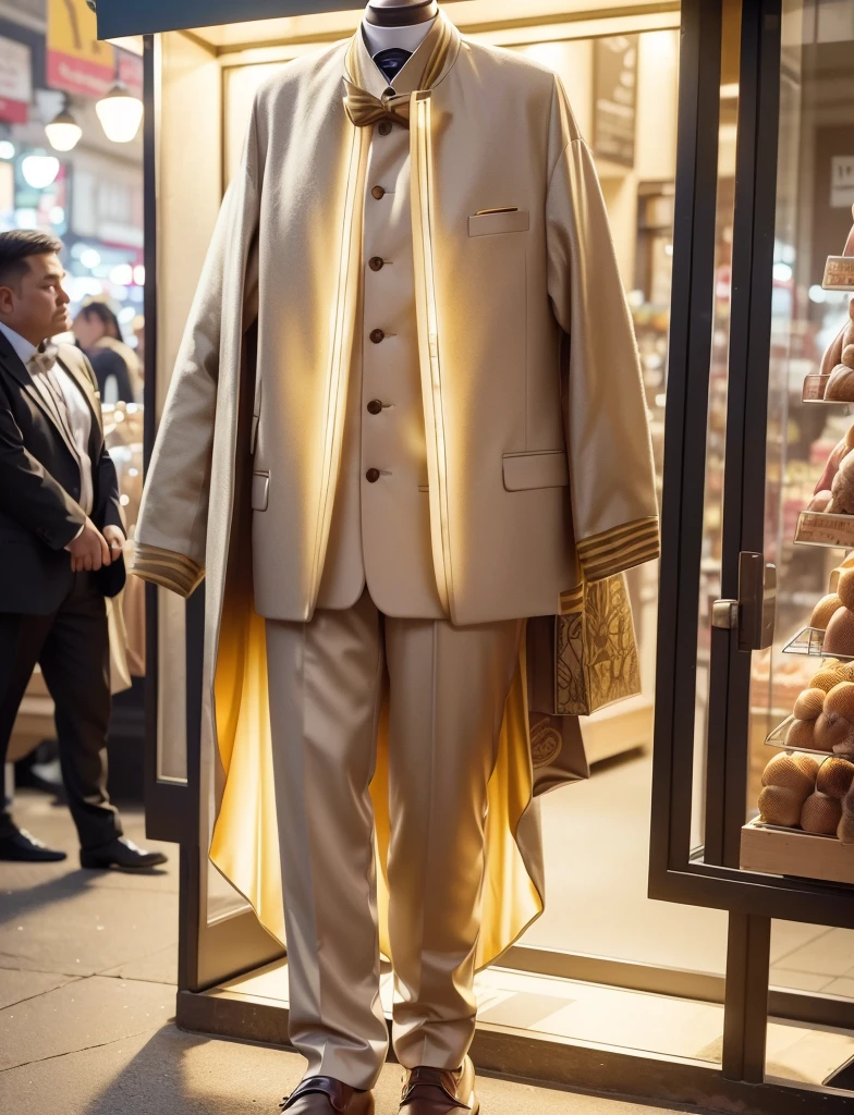 a wolf with human female body fully covered,shopping at long outdoor animal market,night:1.4,ancient shop theme:1.4,(realistic lighting effects:1.4,raw photo,wear loose bright yellow formal suit,masterpiece:1.2, best quality:1.4,photorealistic:1.4
