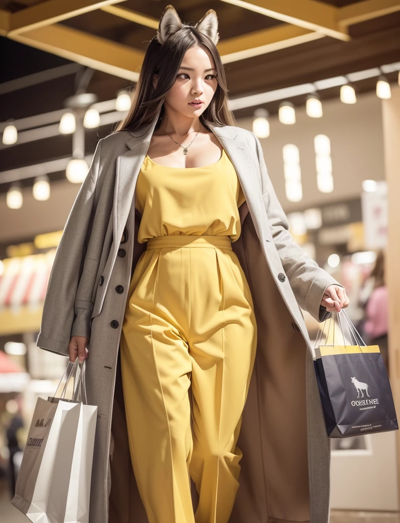 a wolf with human female body fully covered,shopping at long outdoor animal market,night:1.4,ancient shop theme:1.4,(realistic lighting effects:1.4,raw photo,wear loose bright yellow formal suit,masterpiece:1.2, best quality:1.4,photorealistic:1.4