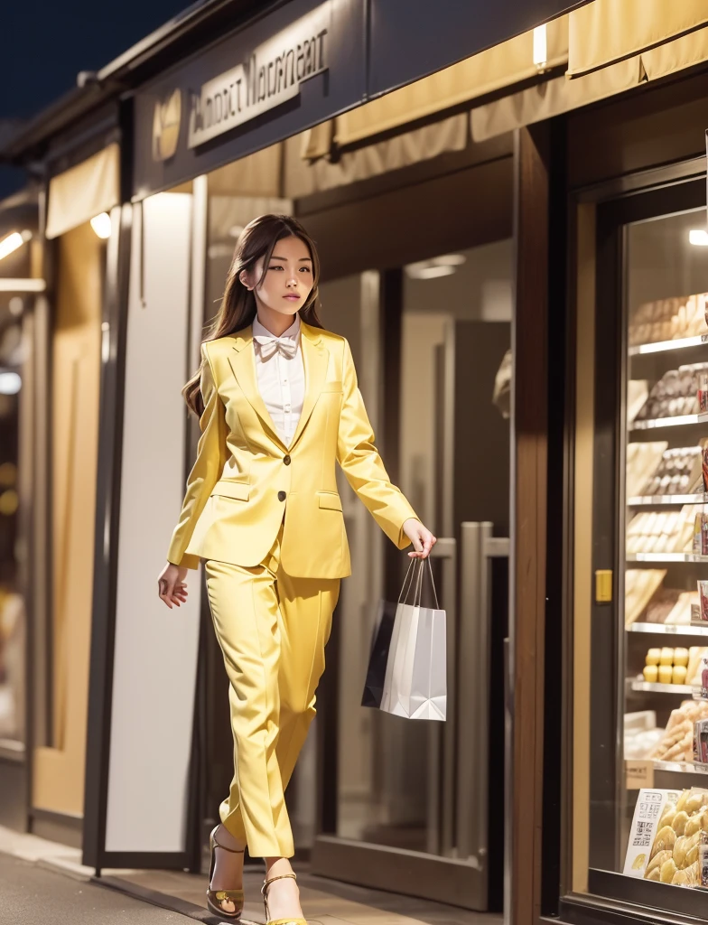 a wolf with human female body fully covered,shopping at long outdoor animal market,night:1.4,ancient shop theme:1.4,(realistic lighting effects:1.4,raw photo,wear loose bright yellow formal suit,masterpiece:1.2, best quality:1.4,photorealistic:1.4