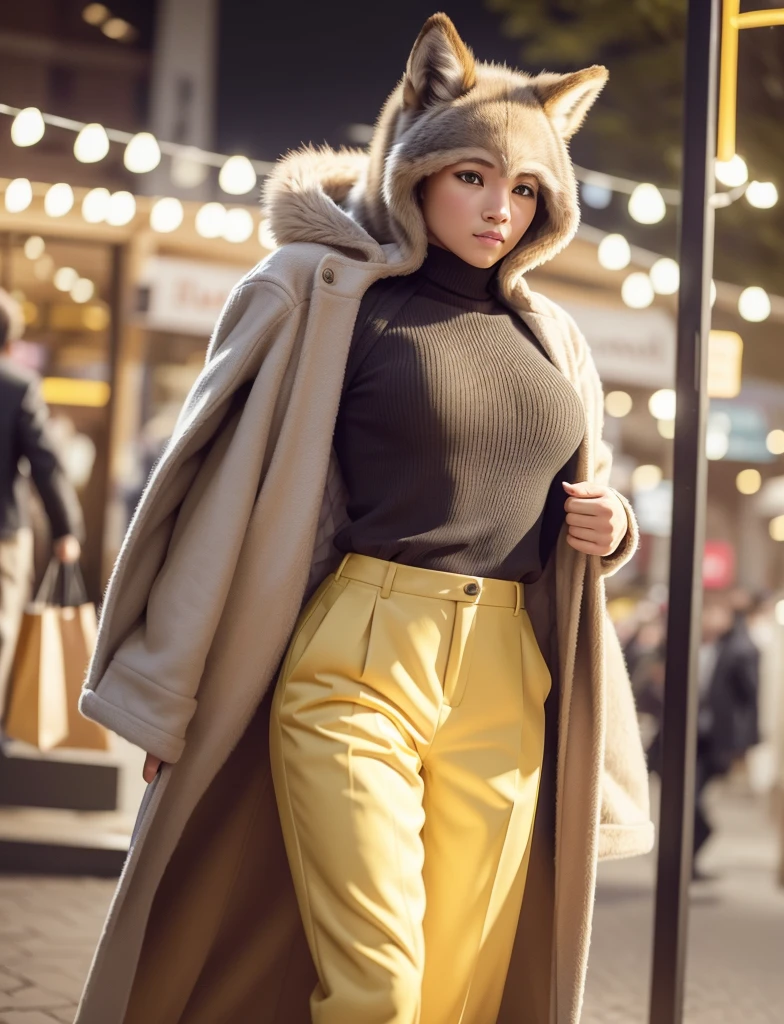 a wolf with human female body fully covered,shopping at long outdoor animal market,night:1.4,ancient shop theme:1.4,(realistic lighting effects:1.4,raw photo,wear loose bright yellow formal suit,masterpiece:1.2, best quality:1.4,photorealistic:1.4