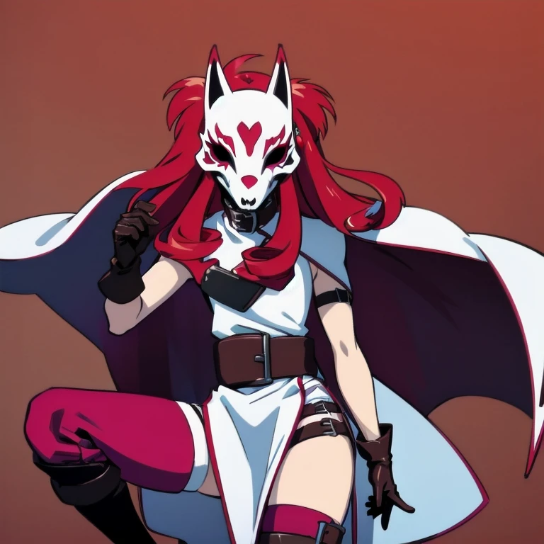 neonred, fox mask, sleeveless, gloves, thighhighs, knee boots, belt, red hair, 1girl, solo, facing viewer, looking at viewer, upper body. Cloak, cape