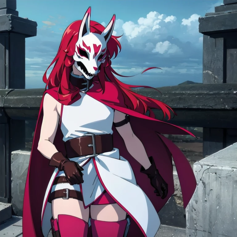 neonred, fox mask, sleeveless, gloves, thighhighs, knee boots, belt, red hair, 1girl, solo, facing viewer, looking at viewer, upper body. Cloak, cape