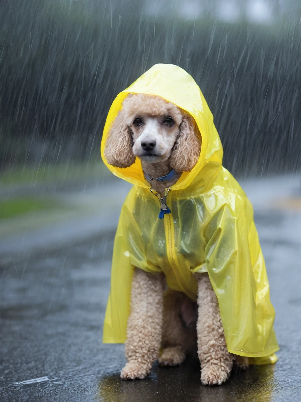 MG_ip,Pixar,rain,poodle dog, no humans,hood,whiskers,zipper,animal,solo,tail,animal focus,colored sclera,cat tail,yellow eyes,yellow sclera,hood up,cat hood,jacket,Transparent raincoat,rainbow gradient raincoat,