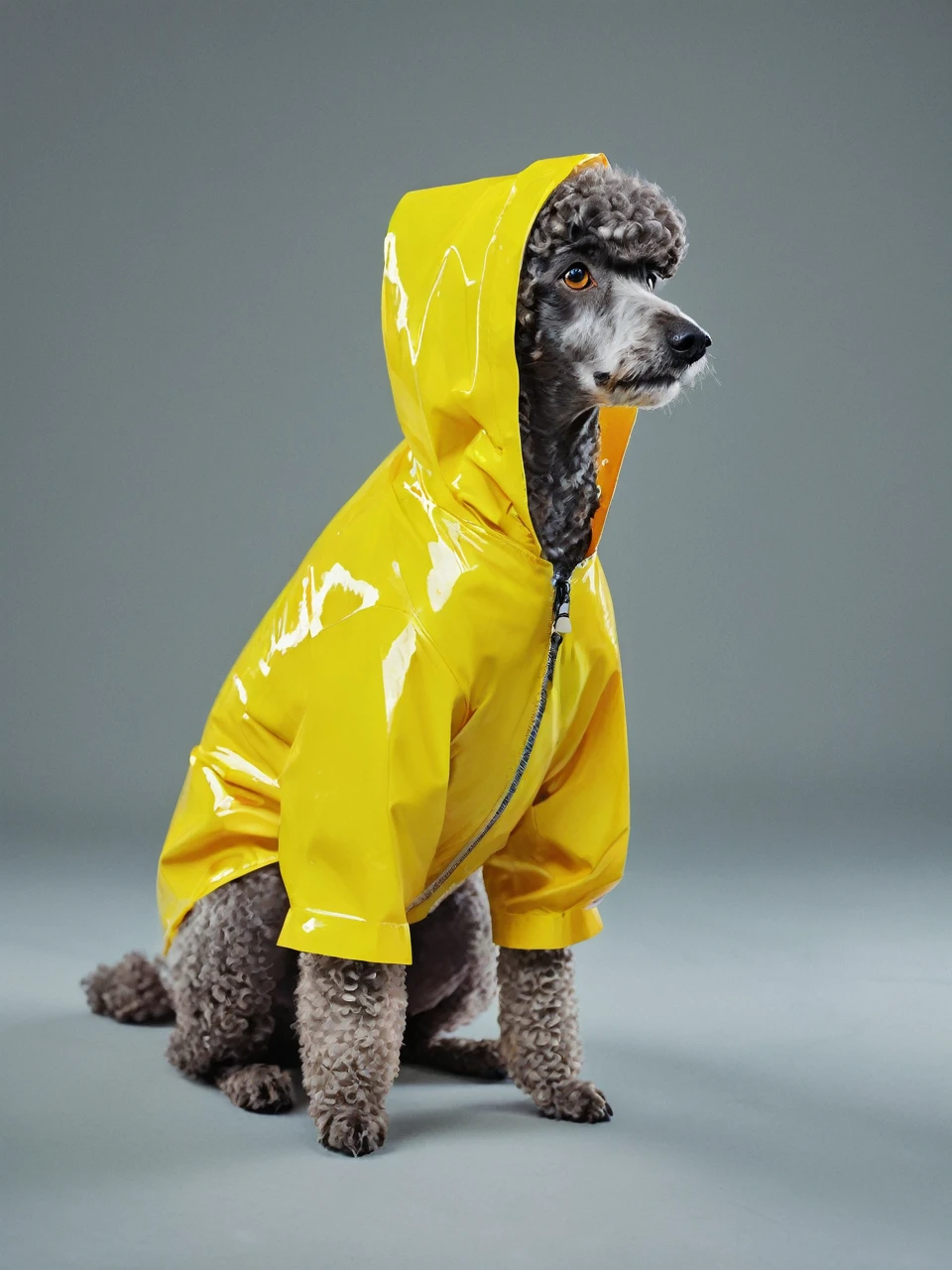 MG_ip,Pixar,rain,poodle dog, no humans,hood,whiskers,zipper,animal,solo,tail,animal focus,colored sclera,cat tail,yellow eyes,yellow sclera,hood up,cat hood,jacket,Transparent raincoat,rainbow gradient raincoat,