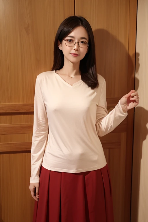 Highest quality、masterpiece、High sensitivity、High resolution、Detailed Description、Slender women、Slim Body、Glasses、Casual clothes、Shyly、Lift up your skirt yourself、
