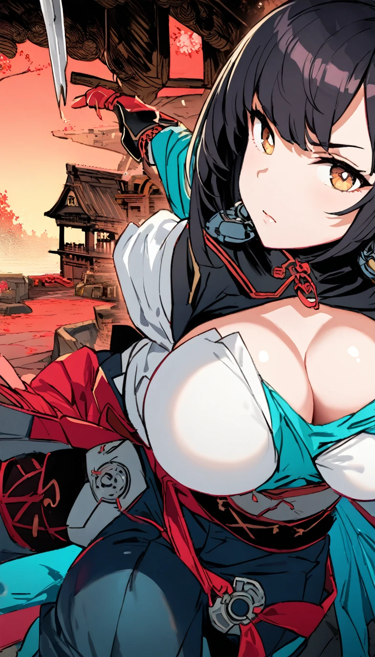best quality,4k,8k, highres, masterpiece:1.2), extremely detailed eyes, extremely detailed body, (large masterpiece digital art), (detailed manga illustration), (detailed line art), ((perfect anatomy)), (intricate details:1.3), (ultra-detailed:1.3), (illustration:1.3), (sharp focus:1.3), (natural lighting:1.05), (vivid colors:1.3), (masterpiece), best quality, expressive eyes, perfect face, 1 girl, breasts, cleavage, gloves, large breasts, traditional clothes, cerulean clothes, black hair, short hair, messy hair, dark brown eyes, hourglass physique, loose-fitting pants, fighting stance, large ass, pale skin, shrine maiden, tomboy, combat boots, cinematic lighting, dramatic atmosphere, Beautiful woman, dragon spear in hand, Jeff Bridges, ((cartoon style)), Marvel Cinematic Universe style, (((Japanese shrine in the background))), soft bokeh of Japan, Atey Ghailan, Jeremy Mann, Greg Manchess, Antonio Moro, trend in ArtStation, trend in CGSociety, Intricate, High Detail, Sharp focus, dramatic and photorealistic painting art by Midjourney and Greg Rutkowski,