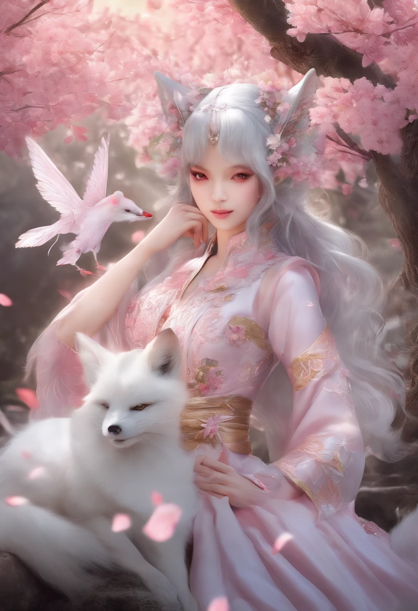 best quality,masterpiece,Ultra-high resolution,(photoactual:1.4),beautiful_Face,Twenty-five-year-old oriental nine-tailed fairy fox woman,bright eyes,cleavage,Long silver hair above the waist,Wearing Japanese miko costume,Samurai sword on a bench,Drinking under the flower tree,Peach blossoms flying
