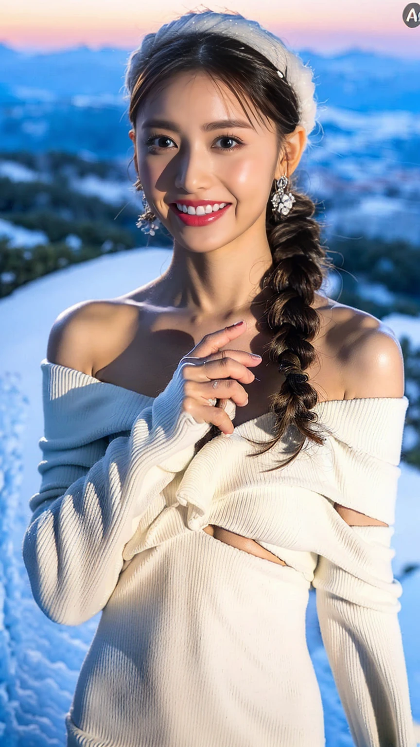 ,(3D Realistic Photography:1.3),(The contrast of light and shadow makes the subject appear three-dimensional),(((With the sunset in the background))),(((Winter snowy mountain climbing scenery:1.3))),cute and beautiful adult woman,Cute round face,Cute Smile,Blushing,Red lips,(((Off-white off-shoulder tight knit dress:1.3))),Black Stockings,Knitted hat,Knee-high boots,gloves,(Silver Hair,Floral knit headband,Half Up、Floral braided space buns,Voluminous fishtail braid,Twisted pan,),(The bangs are see-through),hairpin,hair ornaments,(((Accentuate your breasts:1.3))),Playing with the chest,Detailed characteristics of the garment,Detailed characteristics of hair,Detailed facial features,(Dynamic Angle),(Dynamic and sexy pose),Professional Lighting,Cinematic Light,(Tabletop,Highest quality,Ultra-high resolution output images,) ,(8K quality,Written boundary depth,Anatomically correct facial structure,),(SeaArt 2 Mode:1.3),(Picture Mode Ultra HD,)
