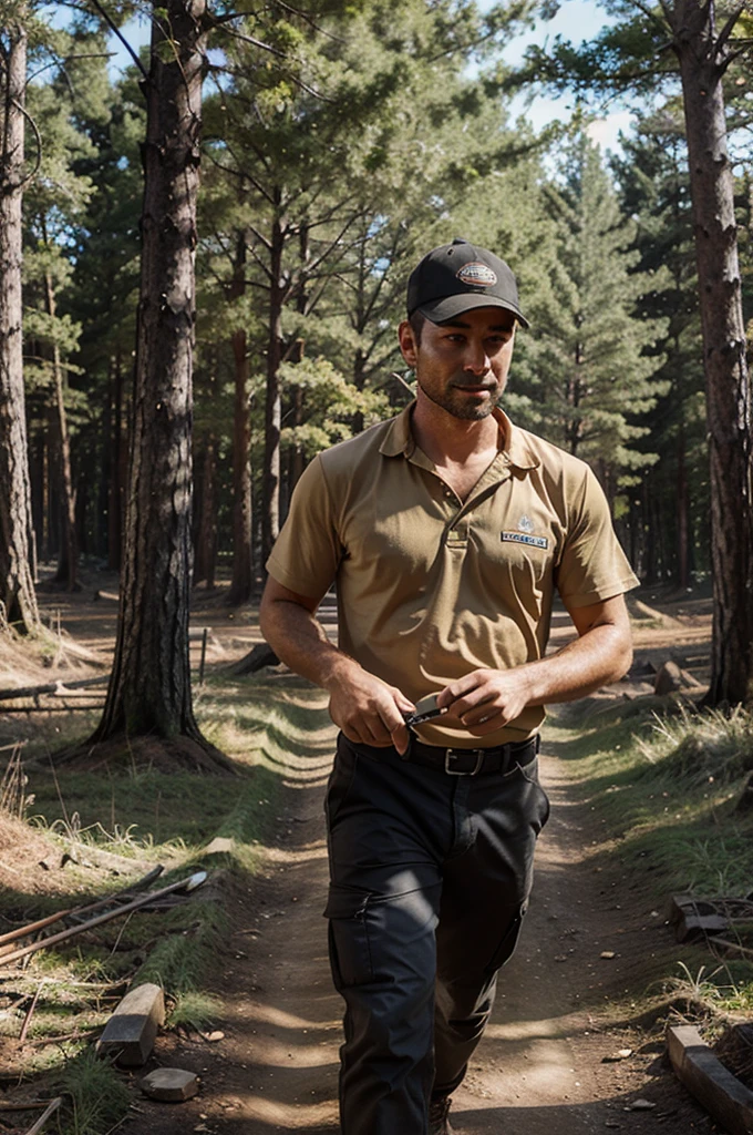Draw a man who runs a business renting construction equipment in the forest