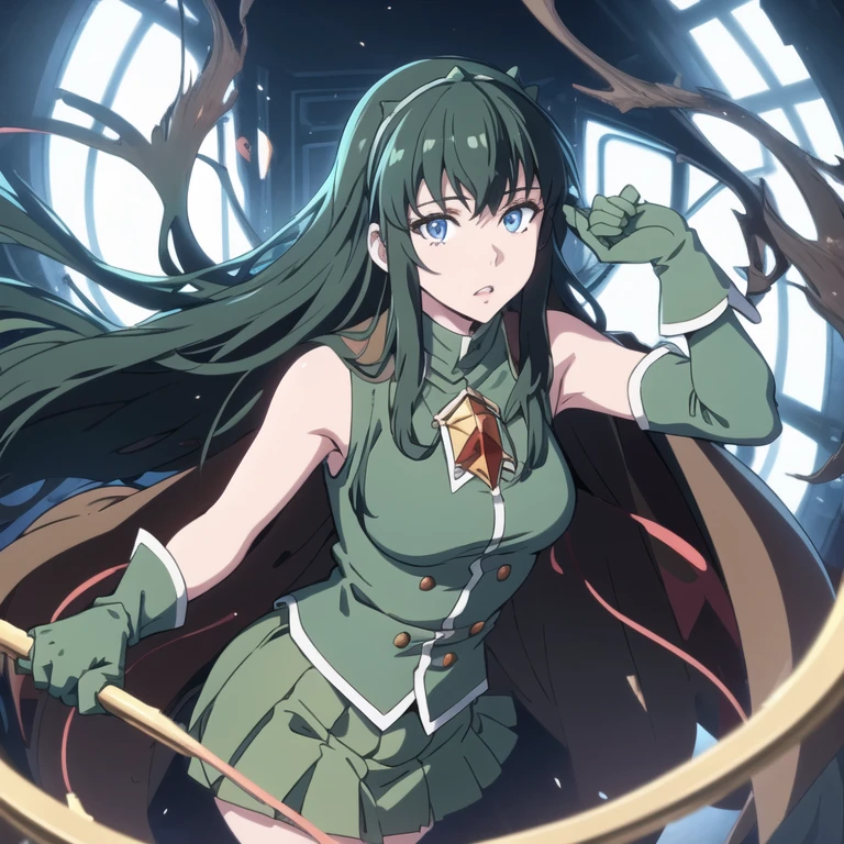 LoPoBiaElaine, 1girl, solo, very long hair, blue eyes, pleated skirt, miniskirt, green shirt, black hair, green gloves, bare shoulders, hairband, sleeveless, brooch, green skirt, brown cape