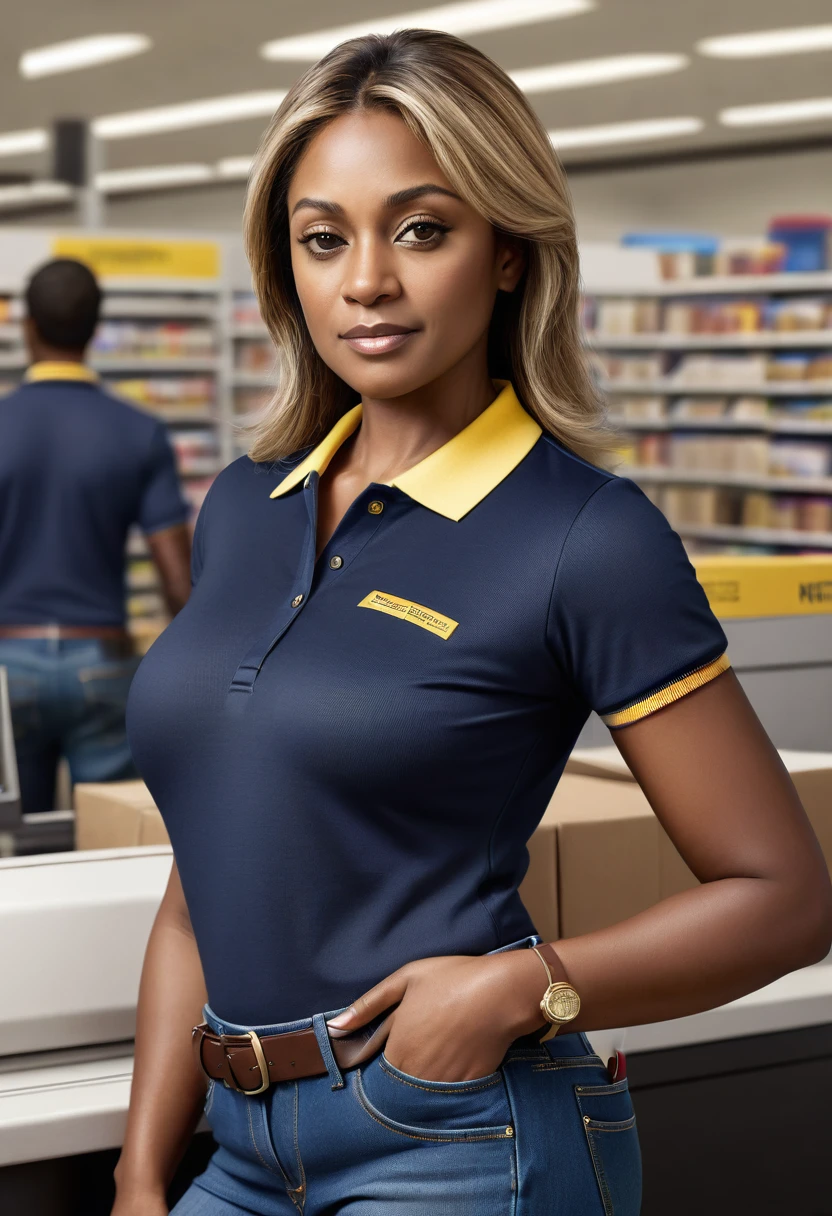 Hyper realistic image of a younger, middle-aged woman, broad shoulders and back, thick thighs, tall, dark skin, straight hair with blonde highlights, bulky but fit body, large bust, brown eyes, wearing dark blue polo shirt with thin yellow stripes on the collar and sleeves and dark jeans tight to his body and working as a postal clerk