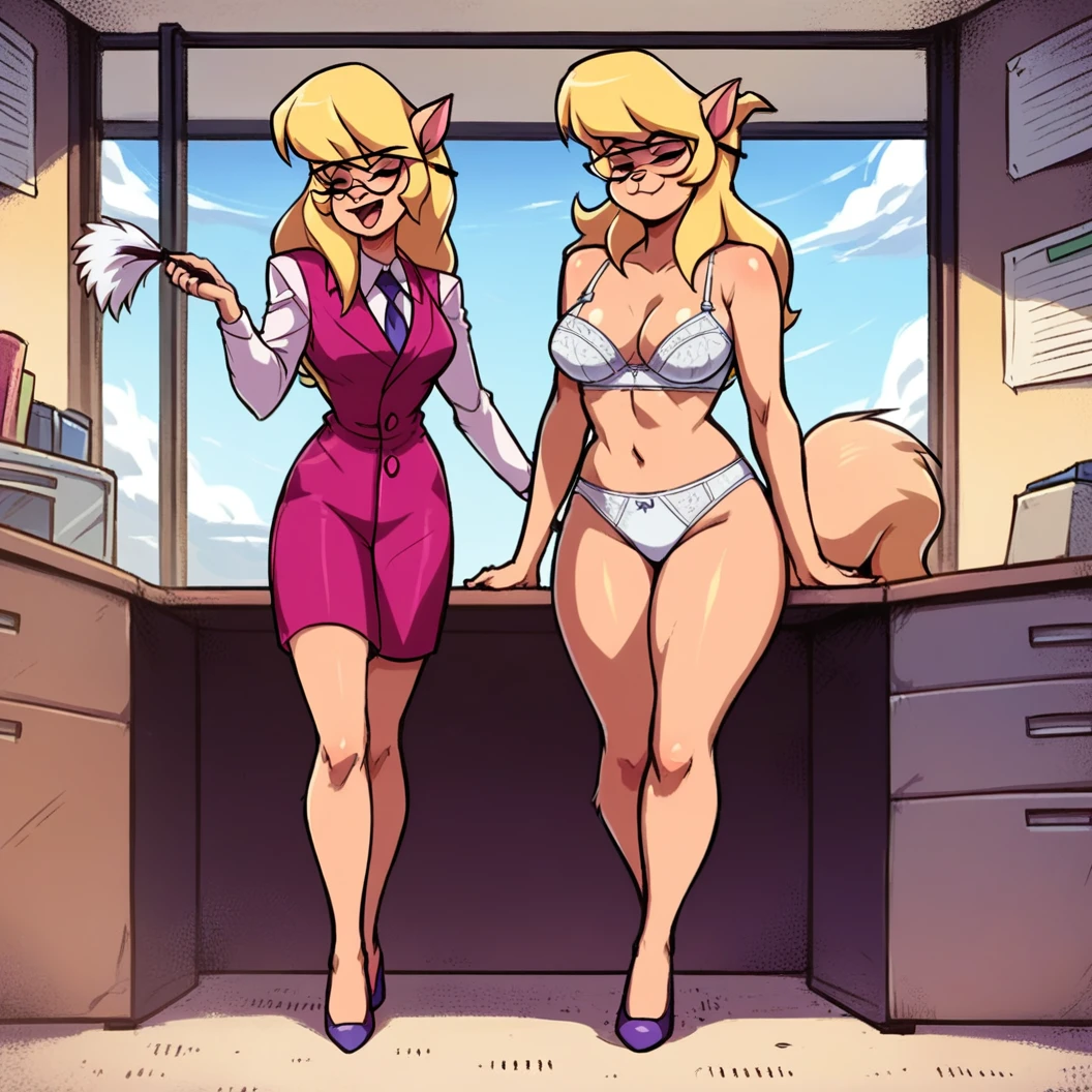 2girls, clones, Callie Briggs, detailed, detailed fur, white bras, legs, purple heels, blonde hair, eyes closed, office, glasses, bottomless, thicc thighs, private, white panties, standing, feather duster, dusting shelf, dust clouds, sneezing, front view