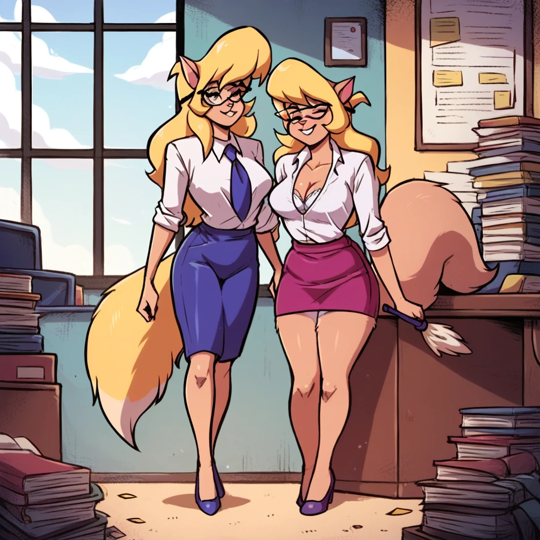 2girls, clones, Callie Briggs, detailed, detailed fur, white bras, legs, purple heels, blonde hair, eyes closed, office, glasses, bottomless, thicc thighs, private, white panties, standing, feather duster, dusting shelf, dust clouds, sneezing, front view