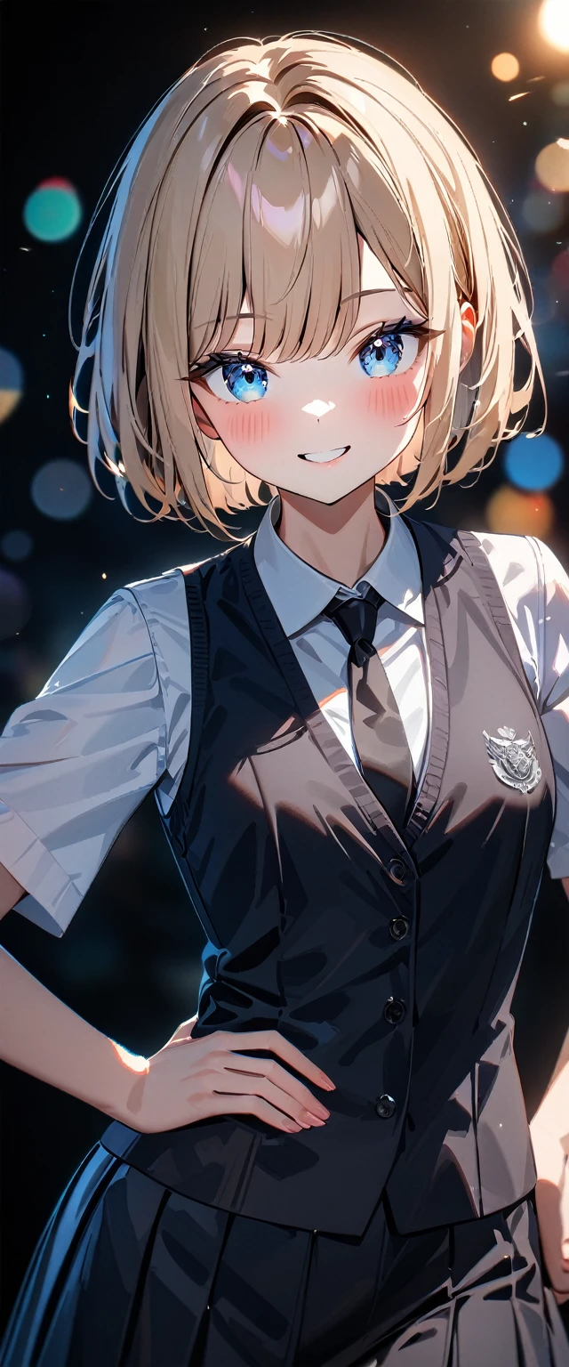 (((One girl))), blond hair, bob cut, (cowboy shot), (looking at viewer), face in focus, teenager, head tilt:1.3, (((blue eye))), ((happy smile)), ((blush)), contrapposto, one hand on hip, school summer uniform, white shirts, ((black tie under the waistcoat)), skirt, black waistcoat, anime style, (best quality, 4k, 8k, highres, masterpiece:1.2, ultra-detailed, ultra-detailed eyes, HDR, UHD, studio lighting, ultra-fine painting, sharp focus, physically-based rendering, extreme detail description, professional, vivid colors, bokeh)