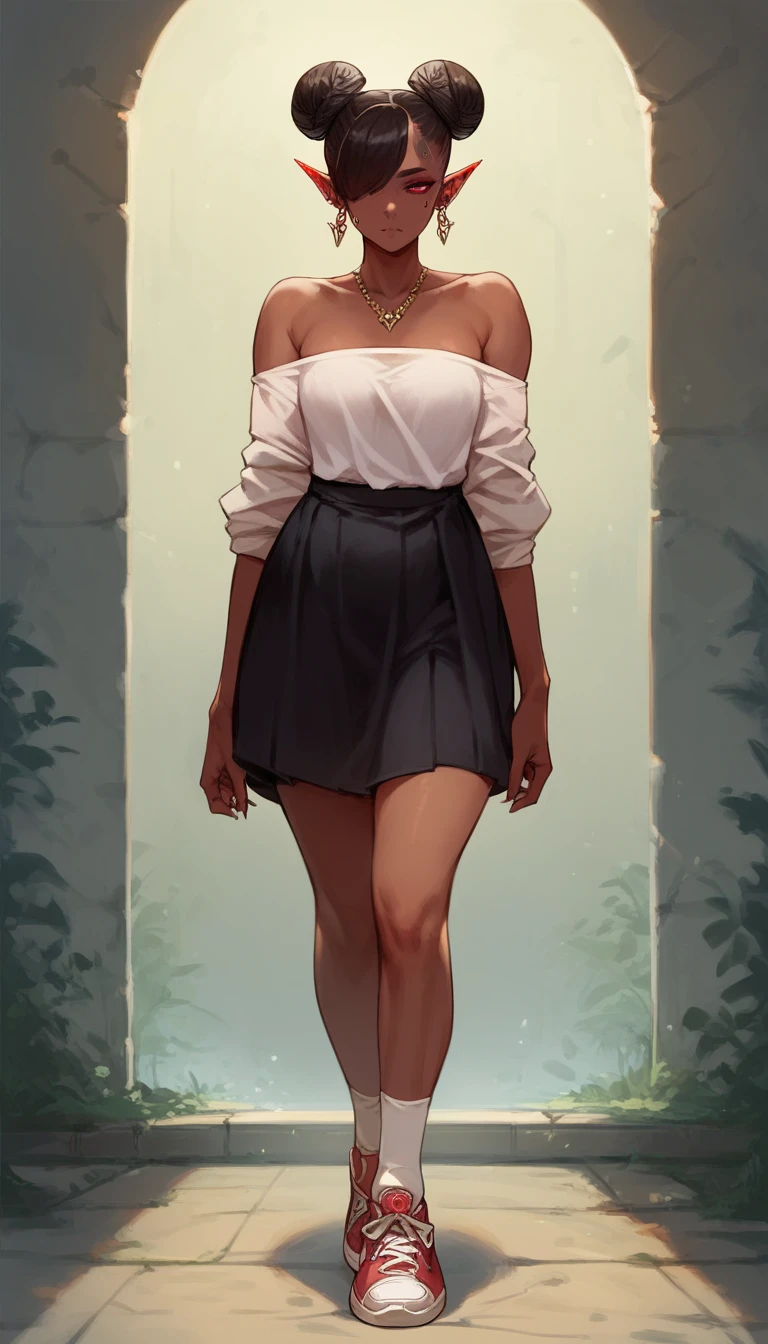 score_9, score_8_up, score_7_up, score_7, Expressiveh,best quality, masterpiece, ultra high resolution,
(demon:1.5), female, solo, jewelry, necklace, skirt, earrings, shoes, full_body, double_bun, sneakers, hair_bun, hands_on_hips, standing, dark_skin, dark-skinned_female, black_hair, socks, off_shoulder, strapless