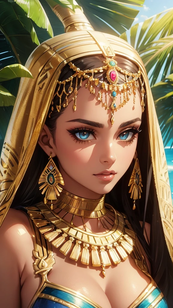 a beautiful egyptian woman in a swimsuit, detailed face, detailed eyes, detailed lips, detailed skin, detailed hair, elaborate gold jewelry, egyptian-style makeup, elegant pose, tropical beach background, dramatic lighting, vibrant colors, photorealistic, 8k, high quality, masterpiece