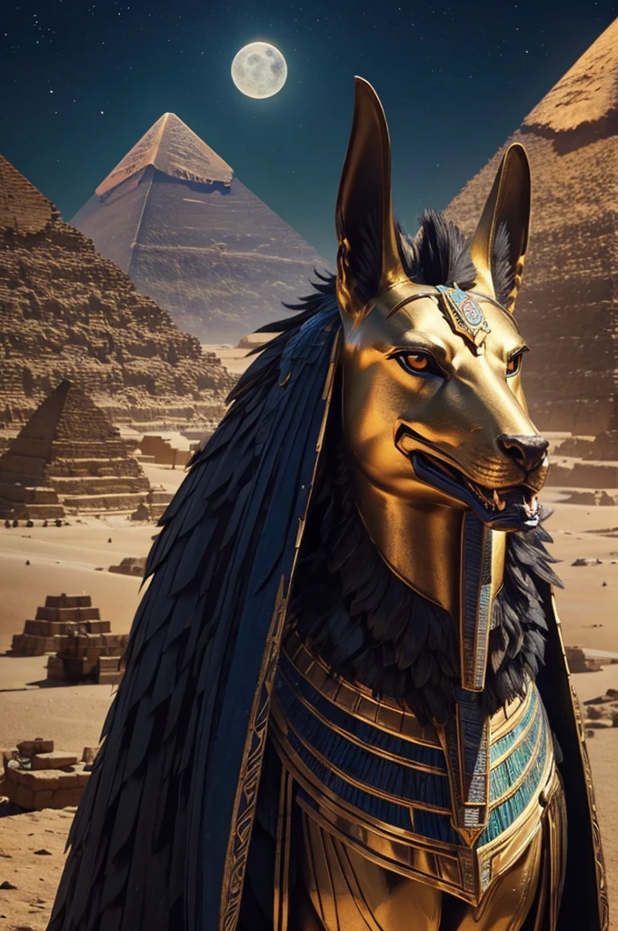 ((best quality)), ((masterpiece)), (detailed), perfect face Anubis next to Quetzalcoatl and the pyramids of Giza and the moon in the background 
