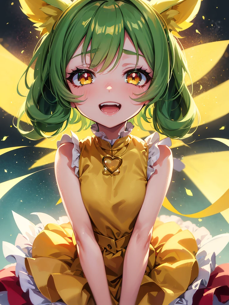 1baby loli anime girl, nekomimi, portrait, loli anime girl with short yellow hair wearing maid outfit, (yellow hair:0.9), (green emelard eyes:1.5), close up face, detailed eyes, detailed hair, emotional lovely happy expression, crystal glowing eyes, cinematic lighting, extremely detailed body, face, clothes, (best quality,4k,8k,highres,masterpiece:1.2),ultra HD, masterpiece, very very anime style, bokeh, starry shining lighting, original characters, low angle,