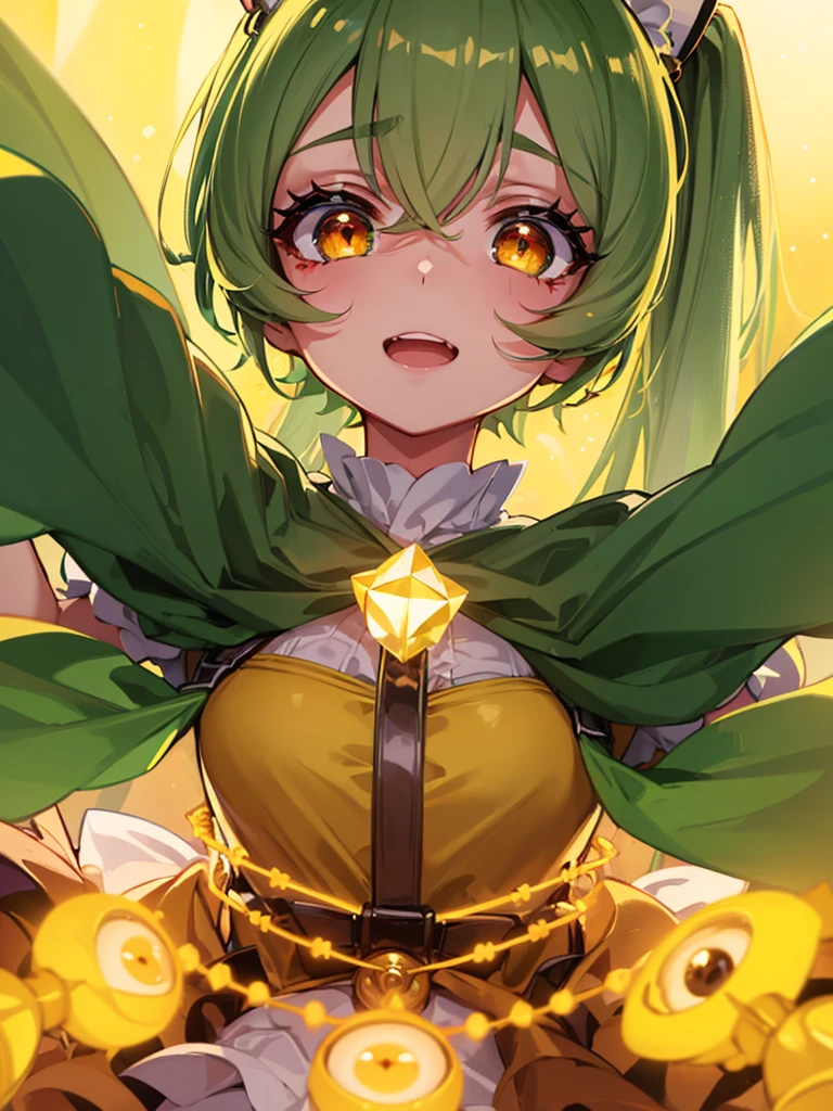 1baby loli anime girl, nekomimi, portrait, loli anime girl with short yellow hair wearing maid outfit, (yellow hair:0.9), (green emelard eyes:1.5), close up face, detailed eyes, detailed hair, emotional lovely happy expression, crystal glowing eyes, cinematic lighting, extremely detailed body, face, clothes, (best quality,4k,8k,highres,masterpiece:1.2),ultra HD, masterpiece, very very anime style, bokeh, starry shining lighting, original characters, low angle, 