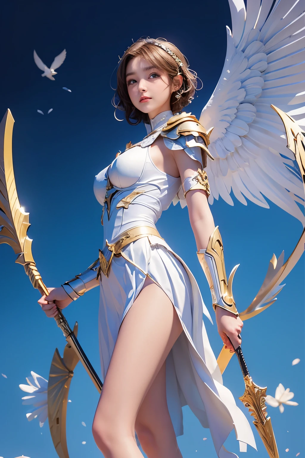8K, masterpiece, ((angel of justice)),(Reflect the dizzying light on the blade), white feathers, Equipped with golden armor over a white dress,shining eyes,blue sky background, wrap skirt,