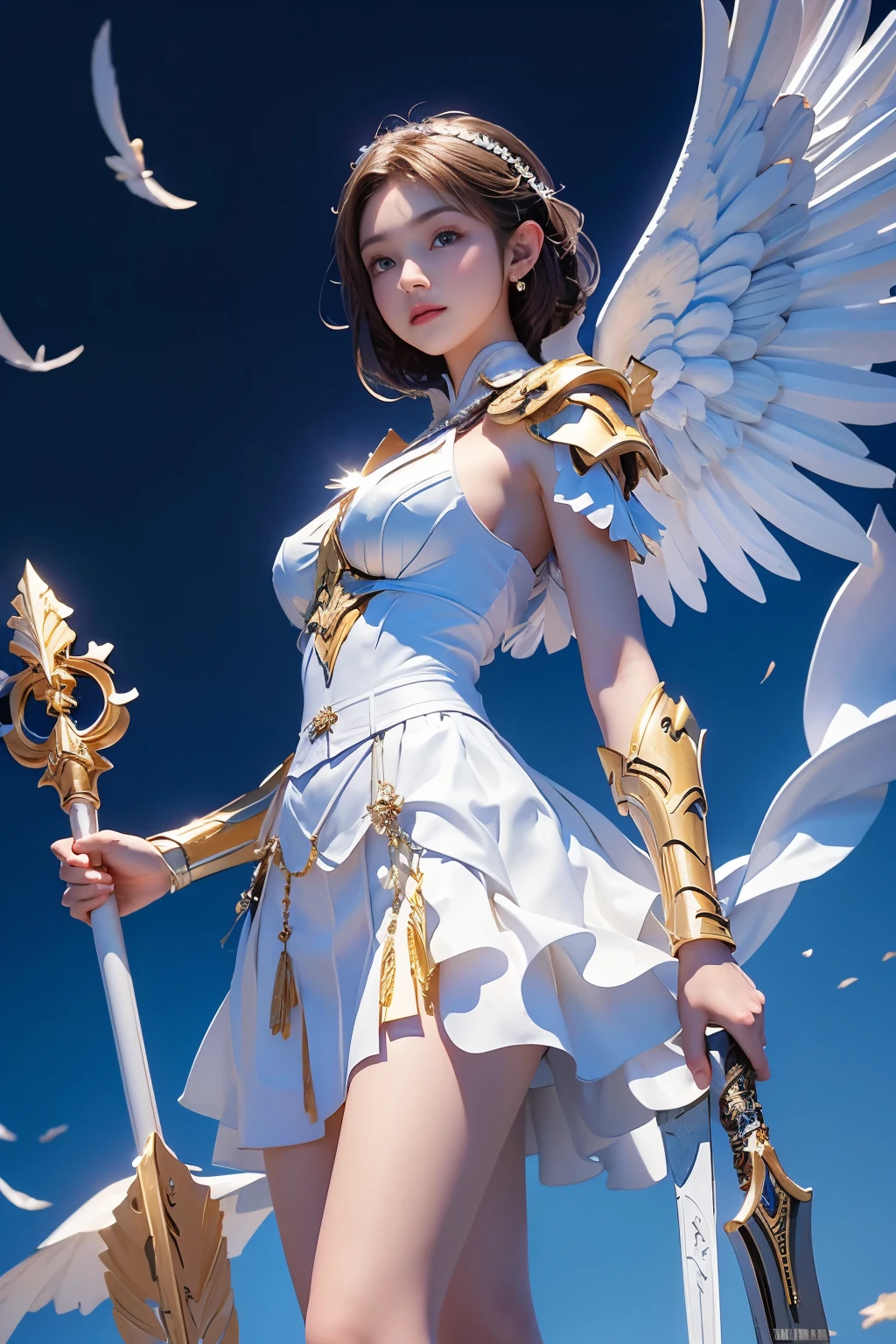 8K, masterpiece, ((angel of justice)),(Reflect the dizzying light on the blade), white feathers, Equipped with golden armor over a white dress,shining eyes,blue sky background, wrap skirt,