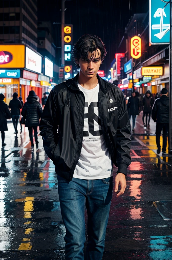 Here is a writing prompt inspired by the i
In the bustling city, where the neon lights blend with the rain-soaked streets, a young man stands alone, his dark hair wet from the downpour. With a heavy backpack slung over his shoulder and a reflective expression on his face, he seems lost in thought amidst the vibrant chaos around him. Write a story about what brought him to this moment and where he might be heading next. Is he running away from something or searching for something he’s lost? What secrets does he carry in his backpack, and how does the city's relentless pace mirror his inner turmoil?