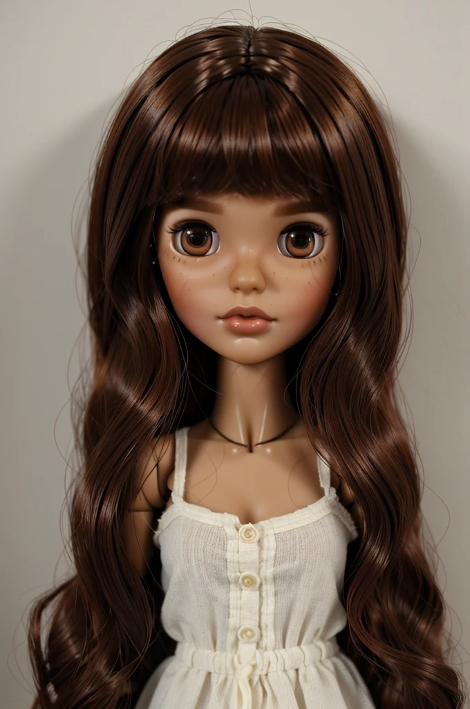 Blythe doll with brown eyes, parts, dark skin and brown hair with red tips short to the shoulders.