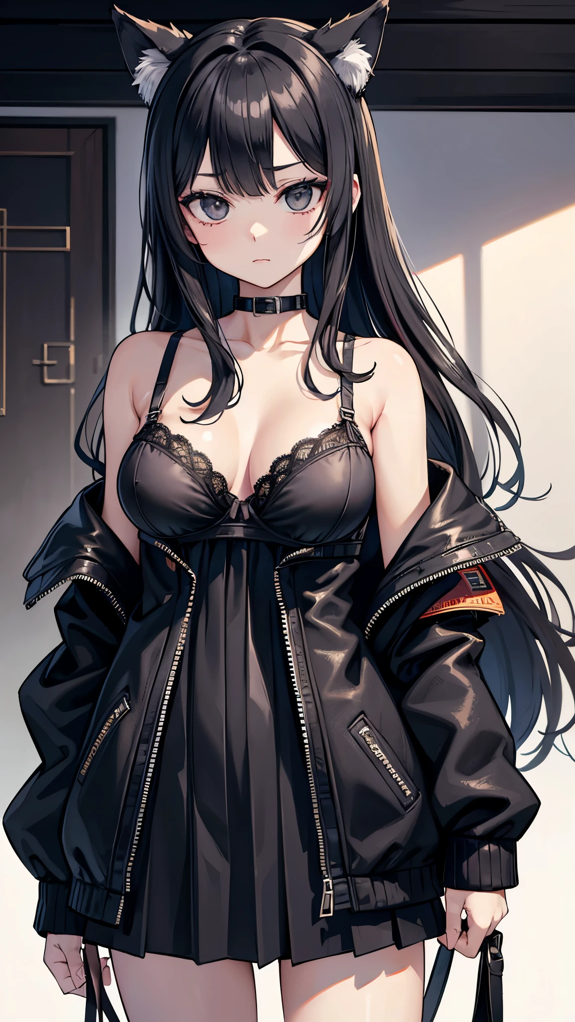 (highest resolution、different_picture)คุณpictureสูงสุด、female、Masterpiece、Highly detailed、semi-realistic、yellow eyes、black hair crow, 18 years old、young people、Street clothing、exquisite face、facial features、unique hairstyle, Various formats, pictureเหมือน, white background, A neutral expression,cold, Neat outfit, official, chain, cross