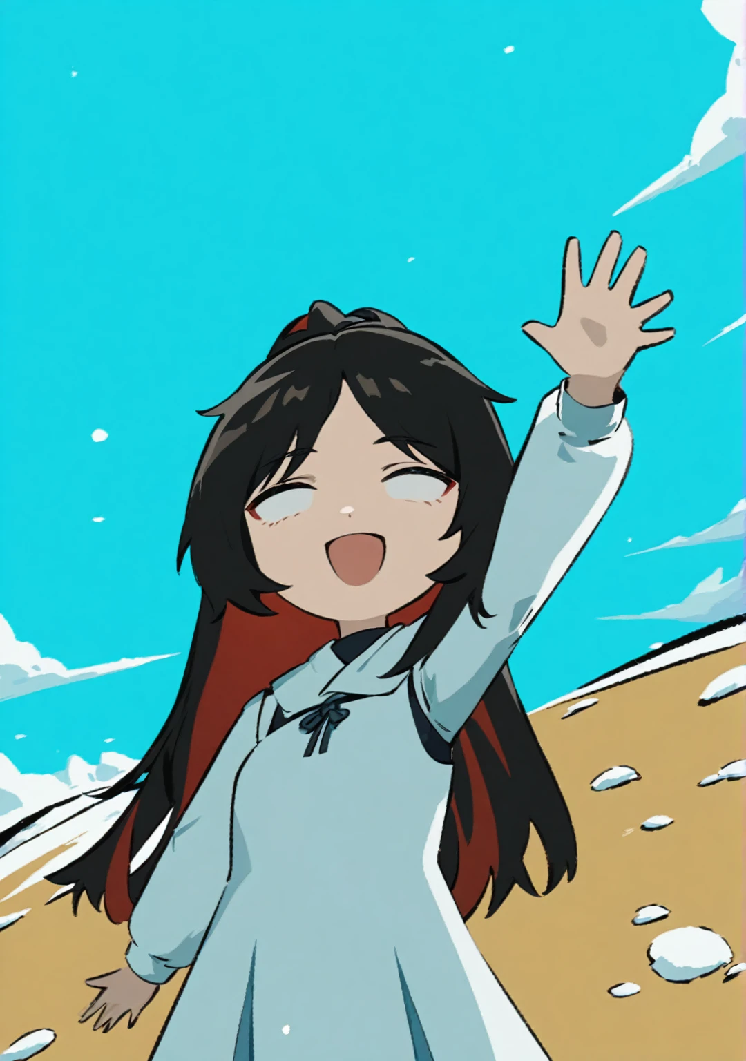 blue sky, Lots of clouds, wide field,  arknight style, Animation style, 1 woman, black hair, secret hair, hair that is red on the inside, white snow, Pose waving hands, Asian face, light skin, solid color dress, whole body, low-angle shot,