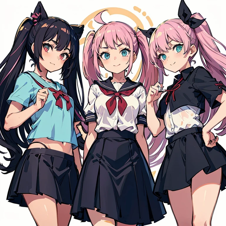 4 Girls with pink hair, long twintail hairstyle, small bushy eyebrows, wearing gothic lolita clothing, lolicon (Zankuro) drawing style by zankuro artist, Zancrow style, image uploaded to R34, walking to school, flirty smile, , lifting her skirt to show her vagina wet with semen