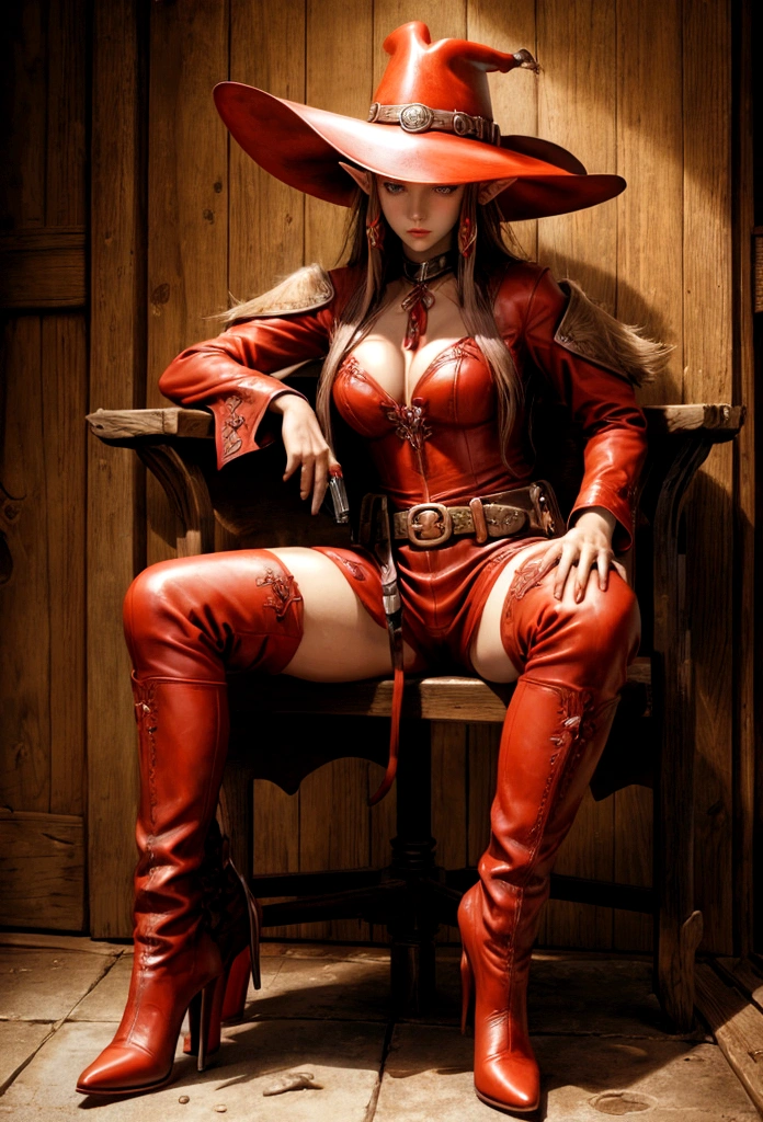 cowboy woman sitting on a chair with a red leather cowboy hat with elf-type ears, realistic anime style, with a cowboy gun in her hands, full body cowboy heels