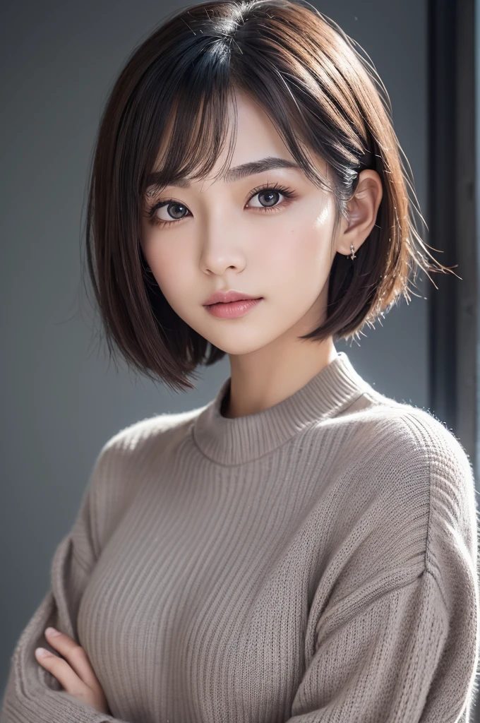 (Highly detailed CG Unity 8K wallpaper, highest quality, super detailed, look at the camera:1.2, light shines on your face:1.5, gray background, professional lighting), Lives in Japan 50 Old Female、short hair, black haired, Plump facial contours:1.5, (thin eyebrows:1.25), Big shining eyes, small nose, Soft mouth, physically thin, (Shirt under sweater), Sincere impression, noble mix fix v3.0
