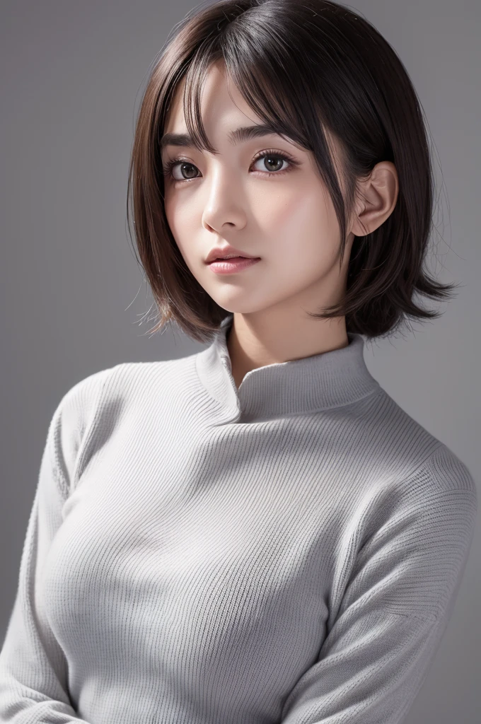 (Highly detailed CG Unity 8K wallpaper, highest quality, super detailed, look at the camera:1.2, light shines on your face:1.5, gray background, professional lighting), Lives in Japan 50 Old Female、short hair, black haired, Plump facial contours:1.5, (thin eyebrows:1.25), Big shining eyes, small nose, Soft mouth, physically thin, (Shirt under sweater), Sincere impression, noble mix fix v3.0
