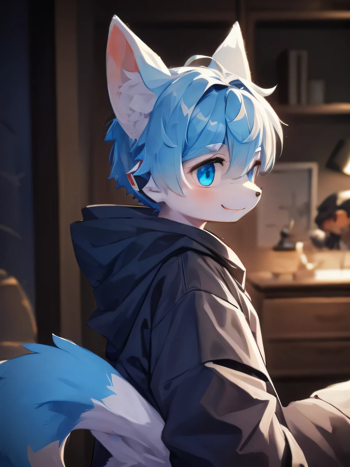 Young werewolf, White fur, Wearing a black jacket with neon details, Wearing a mechanical mask, With gaming headset, Profile picture, Face close-up high quality, The art of math, , HD 4K realism, ((clear structural details)), Meticulous and pragmatic, delicate eyes, (Turquoise blue pupils), ((Silvery-white glowing eyes)), evil smile, Smile, slender, soft, 4K, excellent quality, High Detail, Fine fur, ((The tail is in the right position) ，Light blue shirt。Two ears，Yellow hair，whole body，permanent