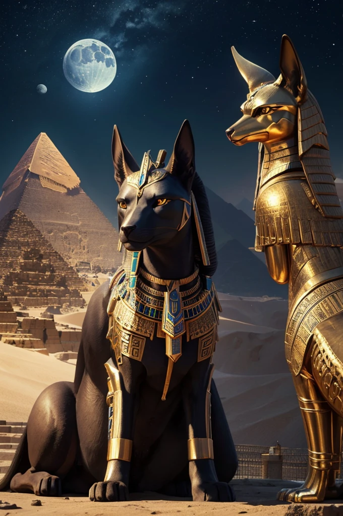 ((best quality)), ((masterpiece)), (detailed), perfect face Anubis next to the God Quetzalcoatl and the pyramids of Giza and the moon in the background 
