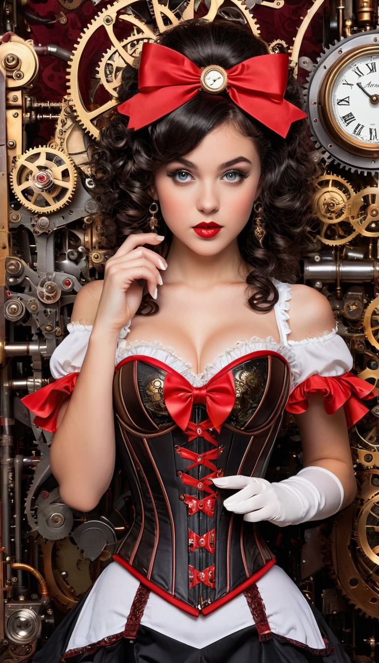 A highly detailed steampunk-themed illustration of a young woman with a vintage, pin-up style appearance. She has curly black hair styled with a large red bow and is dressed in a revealing corset with red and white accents, adorned with various steampunk gears and accessories. She is holding a small, intricate steampunk device in her gloved hand. Her large eyes and rosy cheeks give her a doll-like appearance. The background features a complex array of clockwork mechanisms, vintage machinery, and glowing elements, contributing to the rich steampunk aesthetic. The overall color scheme includes metallic golds, rich reds, and contrasting white, enhancing the retro-futuristic style.