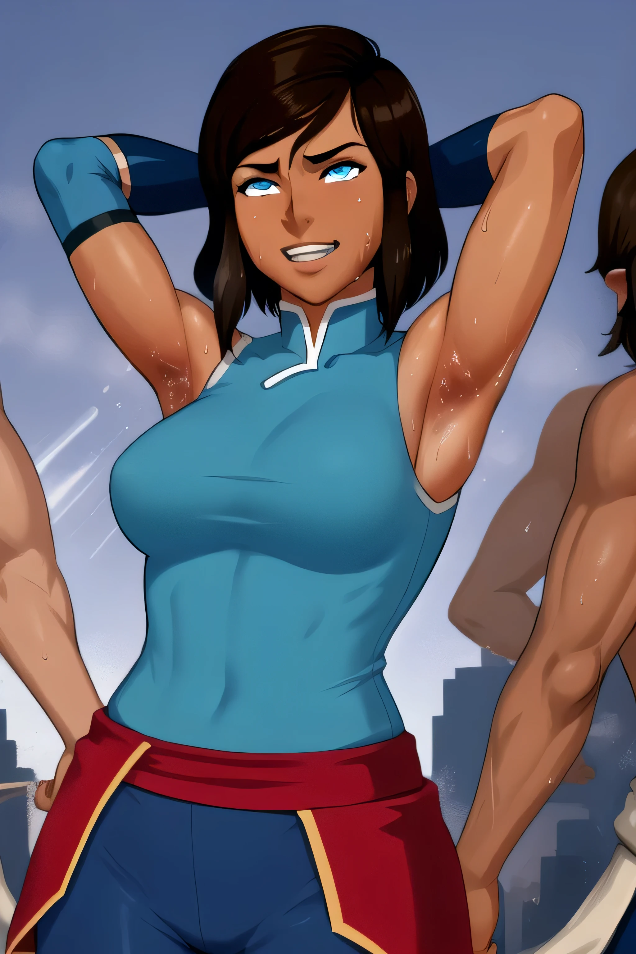 solo, 1girl, korra, sleeveless, blue shirt, blue pants, short hair, brown hair, smile, blue eyes, vambraces, armband, dark skin, muscular female, teeth, city, hands on hip, brown skirt, 1920s \(style\)armpits,sweat,sweaty,sweaty armpits,arms up,showing armpits,awesome armpits,outfit,blackish red arm warmers,maroon arm