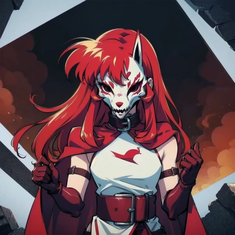 neonred, fox mask, sleeveless, gloves, thighhighs, knee boots, belt, red hair, 1girl, solo, facing viewer, looking at viewer, upper body. Cloak, cape