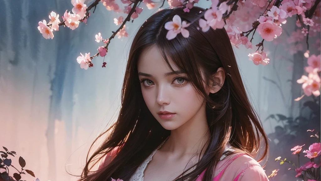32k, Masterpiece, Highest quality, One girl, Brown Hair, Detailed eyes, flower,Freesia, Pink and navy style,A dreamy, romantic piece,Pale yellow, Mysterious Leaves,A playful arrangement,Fantasy,High Contrast,Ink strokes,explosion,Exposure, Impression of pink and navy tones,Abstract,((Watercolours by John Berkey and Jeremy Mann )) Brush strokes,Negative Space, Tyndall effect,