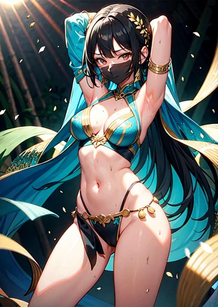 female tropical dancers, dancing in a forest, long black hair. hips swaying. arms raised up. temple ruins. thighs. dirty armpits. some ornaments. sun-kissed complexion.