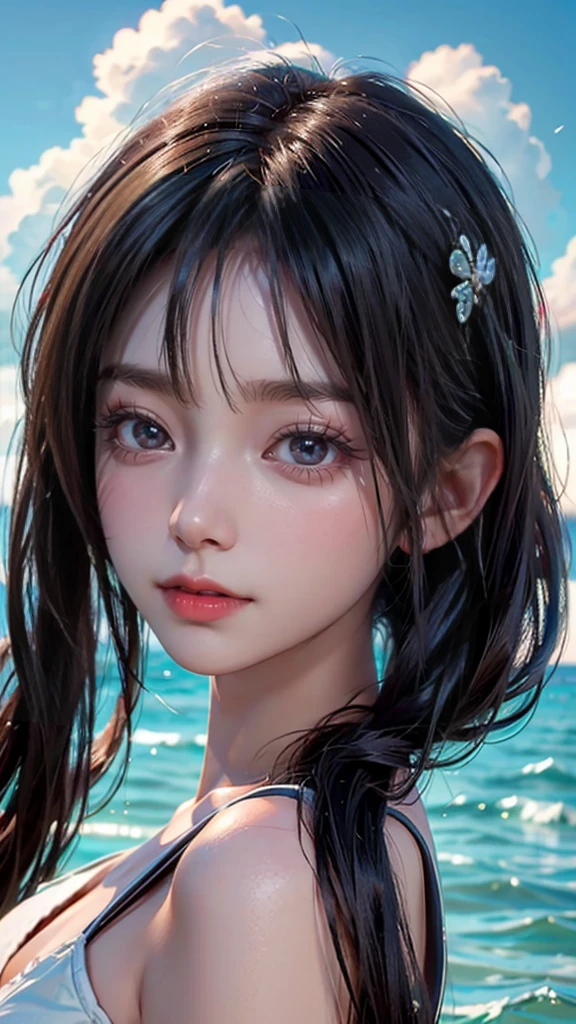 One Girl,(1人のとてもcute女の子:1.3),masterpiece,Highest quality,High resolution,From below,Photorealistic,RAW Photos,Ray Tracing,beautiful girl,(15 years old:1.3),cute,Big eyes,(detailed pupils:1.2),(The face is facing straight ahead:1.3),Body facing forward,Beautiful nose,Fuller lips,Short black hair,ponytail,short hair,Detailed eyelashes,Thin eyebrows,Very fine grain definition,(Symmetrical eyes:1.3),(Face close-up,Face Focus:1.0),Small breasts,Short neck,White swimsuit,White Bikini,The background is the sea,Southern Island,Blue sky,White cloud,Portrait,View Viewer,Upper Body,Cinema Lighting,High resolution,Very detailed