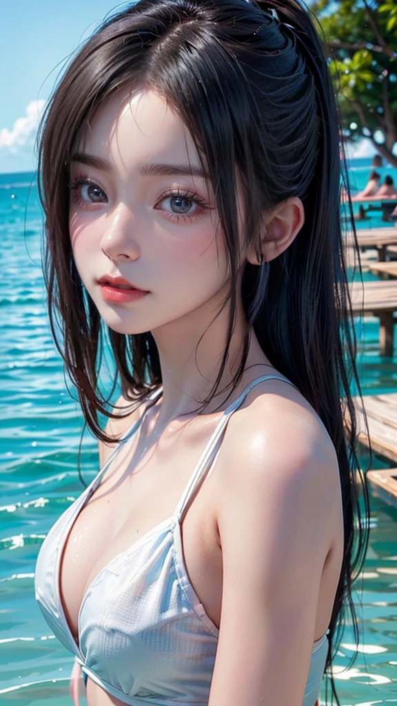 One Girl，(1人のとてもcute女の子:1.3)，masterpiece，Highest quality，High resolution，From below，Photorealistic，RAW Photos，Ray Tracing，beautiful girl，(15 years old:1.3)，cute，Big eyes，(detailed pupils:1.2)，(The face is facing straight ahead:1.3)，Body facing forward，Beautiful nose，Fuller lips，Short black hair，ponytail，short hair，Detailed eyelashes，Thin eyebrows，Very fine grain definition，(Symmetrical eyes:1.3)，(Face close-up，Face Focus:1.0)，Small breasts，Short neck，White swimsuit，White Bikini，The background is the sea，Southern Island，Blue sky，White cloud，Portrait，View Viewer，Upper Body，Cinema Lighting，High resolution，Very detailed