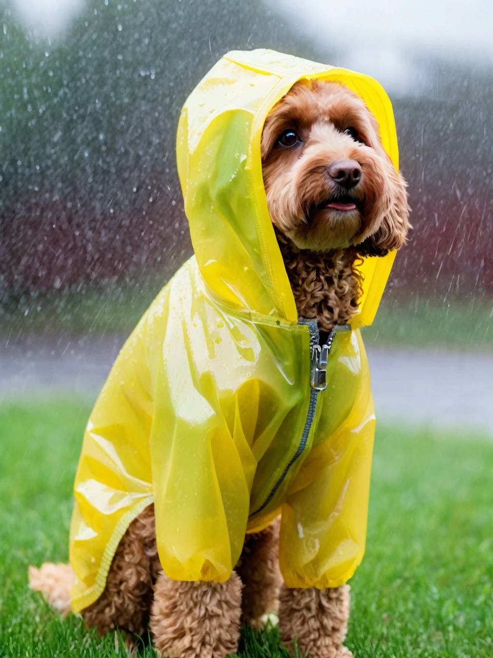 MG_ip,Pixar,rain,brown cavapoodle dog, no humans,hood,whiskers,zipper,animal,solo,tail,animal focus,colored sclera,cat tail,yellow eyes,yellow sclera,hood up,cat hood,jacket,Transparent raincoat,rainbow gradient raincoat,