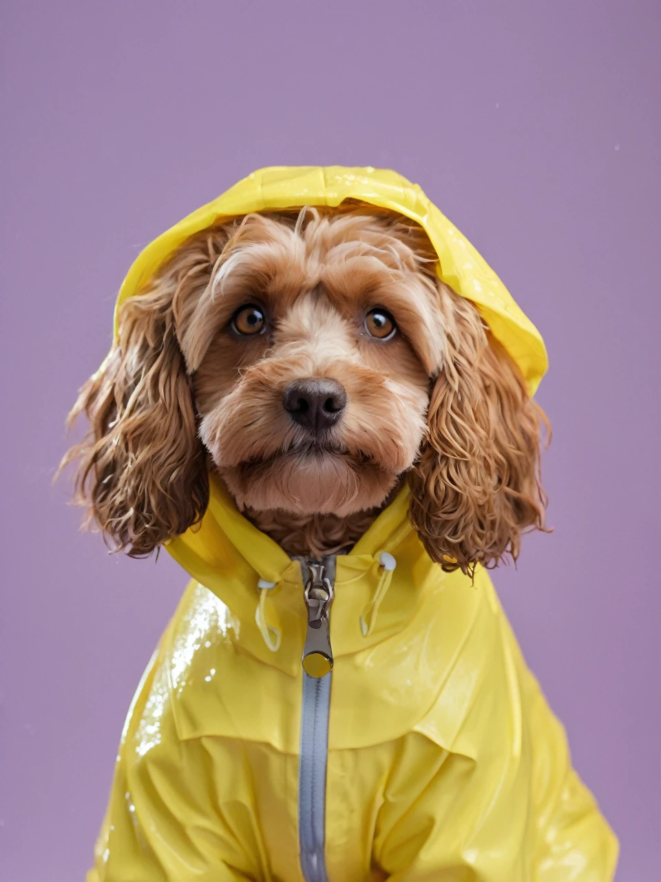 MG_ip,Pixar,rain,brown cavapoodle dog, no humans,hood,whiskers,zipper,animal,solo,tail,animal focus,colored sclera,cat tail,yellow eyes,yellow sclera,hood up,cat hood,jacket,Transparent raincoat,rainbow gradient raincoat,