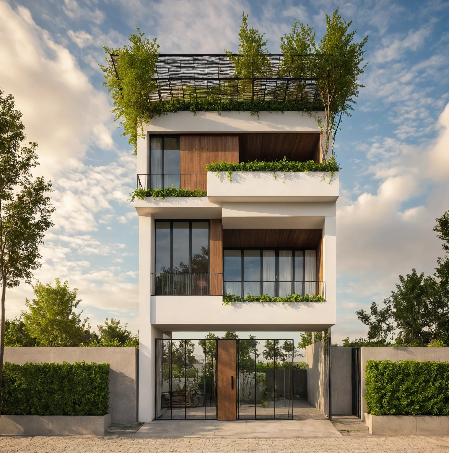 Masterpiece, high quality, best quality, authentic, super detail, outdoors, house style modern, bietthuhn, white wall, glass windows, gate road, pavement, grass, trees, Beautiful_sky, SUNSET, (day:1.1), realistic lighting