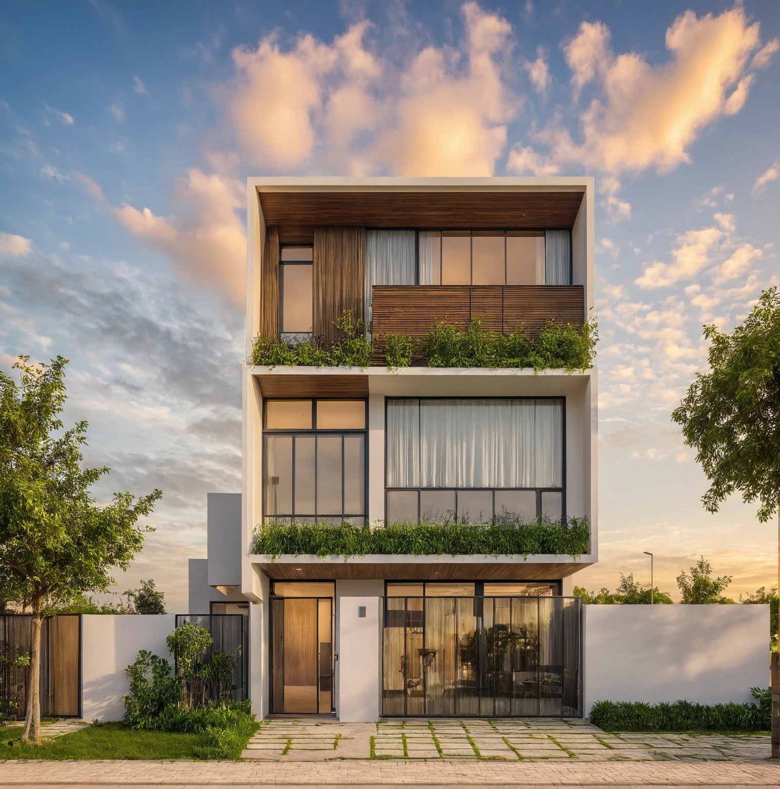 Masterpiece, high quality, best quality, authentic, super detail, outdoors, house style modern, bietthuhn, white wall, glass windows, gate road, pavement, grass, trees, Beautiful_sky, SUNSET, (day:1.1), realistic lighting