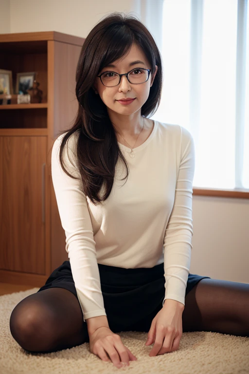 Highest quality、masterpiece、High sensitivity、High resolution、Detailed Description、Slender women、Slim Body、Glasses、Shyly、Flip up the skirt、I can see her panties、