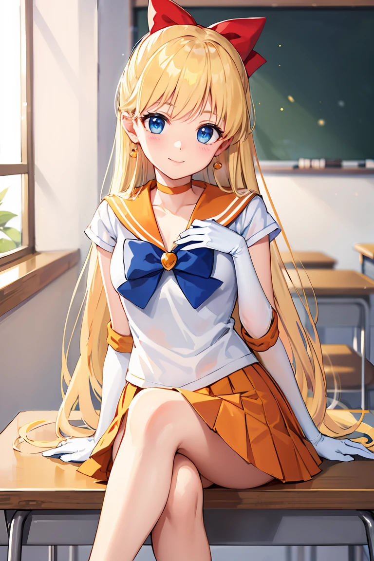 masterpiece, Highest quality, High resolution, Venus 1, One girl, alone, Sailor Warrior Uniforms, Sailor Venus, aino minako, Blonde, Magical girl, blue eyes, Orange Skirt, Elbow hand pockets, tiara, Pleated skirt, Hair Ribbon, Orange sailor collar, mini skirt, choker, Red Bow, orange choker, White gloves, Very long hair, jewelry, Earrings, Sitting, Crossing your legs,The background is a school classroom,smile