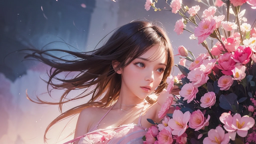 32k, Masterpiece, Highest quality, One girl, Brown Hair, Detailed eyes, flower,Freesia, Pink and navy style,A dreamy, romantic piece,Pale yellow, Mysterious Leaves,A playful arrangement,Fantasy,High Contrast,Ink strokes,explosion,Exposure, Impression of pink and navy tones,Abstract,((Watercolours by John Berkey and Jeremy Mann )) Brush strokes,Negative Space, Tyndall effect,
